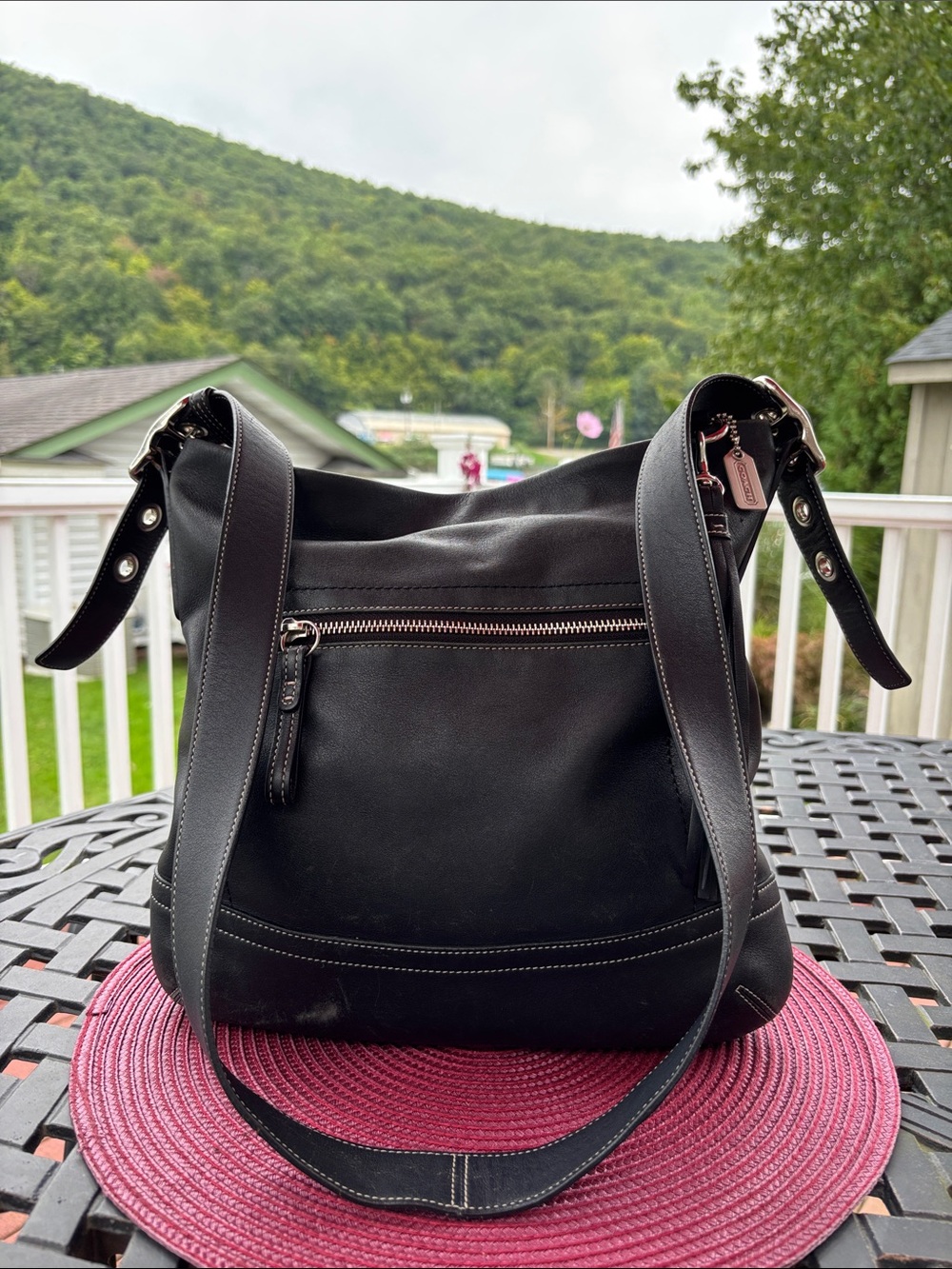 Coach Black Leather Zip-Front Shoulder Bag